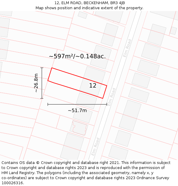 12, ELM ROAD, BECKENHAM, BR3 4JB: Plot and title map