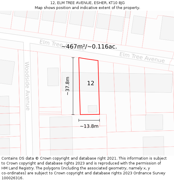 12, ELM TREE AVENUE, ESHER, KT10 8JG: Plot and title map