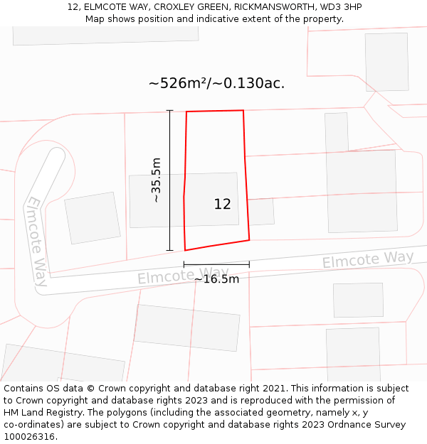 12, ELMCOTE WAY, CROXLEY GREEN, RICKMANSWORTH, WD3 3HP: Plot and title map