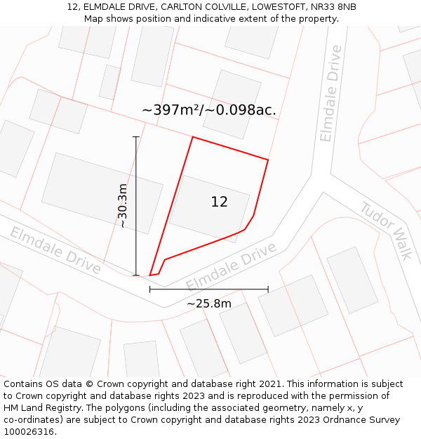 12, ELMDALE DRIVE, CARLTON COLVILLE, LOWESTOFT, NR33 8NB: Plot and title map