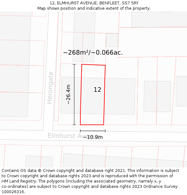 12, ELMHURST AVENUE, BENFLEET, SS7 5RY: Plot and title map