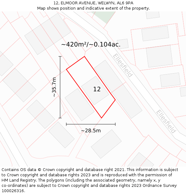 12, ELMOOR AVENUE, WELWYN, AL6 9PA: Plot and title map