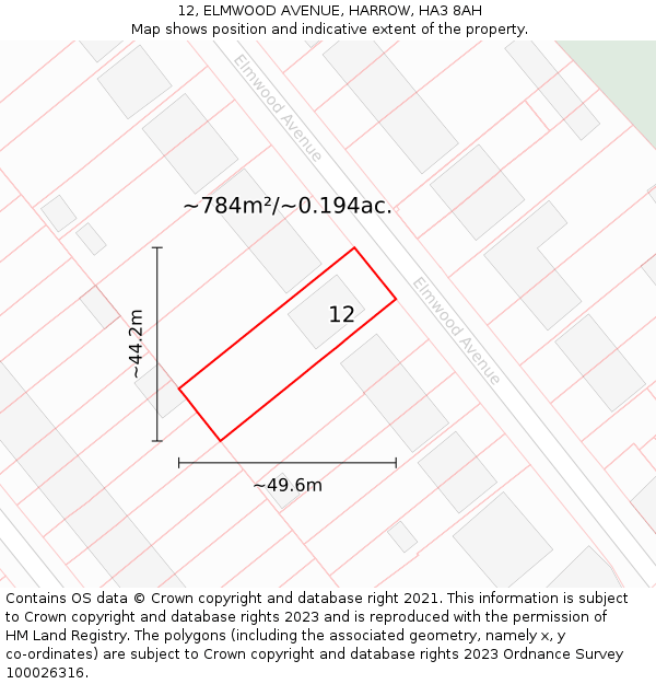 12, ELMWOOD AVENUE, HARROW, HA3 8AH: Plot and title map