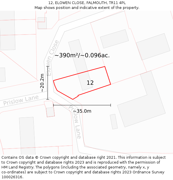 12, ELOWEN CLOSE, FALMOUTH, TR11 4PL: Plot and title map