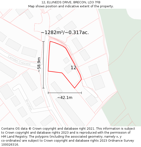 12, ELUNEDS DRIVE, BRECON, LD3 7FB: Plot and title map