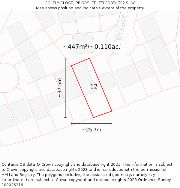 12, ELY CLOSE, PRIORSLEE, TELFORD, TF2 9UW: Plot and title map