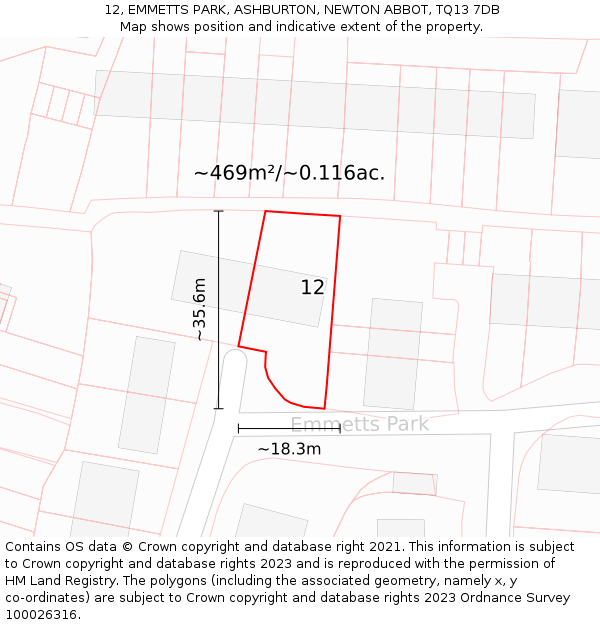 12, EMMETTS PARK, ASHBURTON, NEWTON ABBOT, TQ13 7DB: Plot and title map