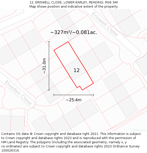 12, ERISWELL CLOSE, LOWER EARLEY, READING, RG6 3AY: Plot and title map