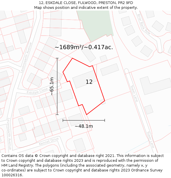 12, ESKDALE CLOSE, FULWOOD, PRESTON, PR2 9FD: Plot and title map