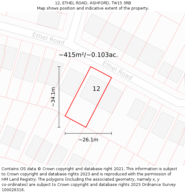 12, ETHEL ROAD, ASHFORD, TW15 3RB: Plot and title map