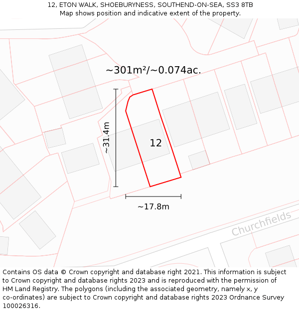 12, ETON WALK, SHOEBURYNESS, SOUTHEND-ON-SEA, SS3 8TB: Plot and title map