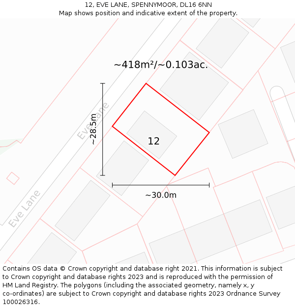 12, EVE LANE, SPENNYMOOR, DL16 6NN: Plot and title map