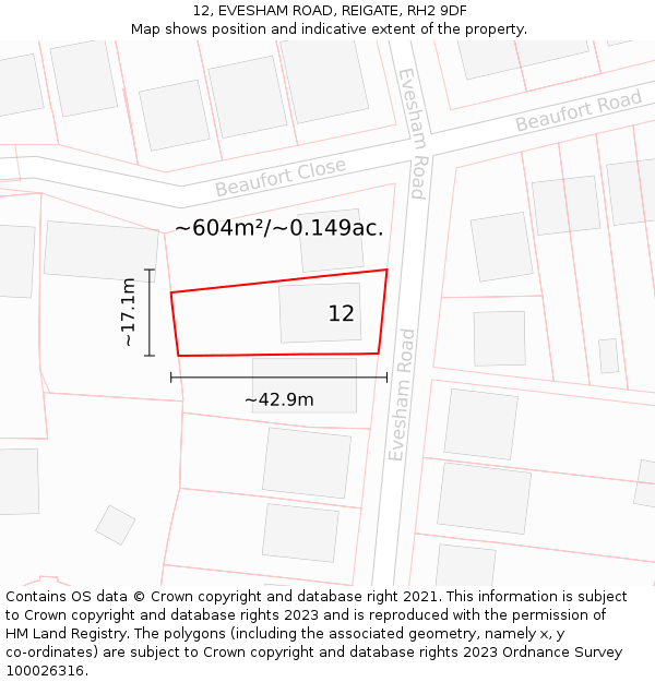 12, EVESHAM ROAD, REIGATE, RH2 9DF: Plot and title map