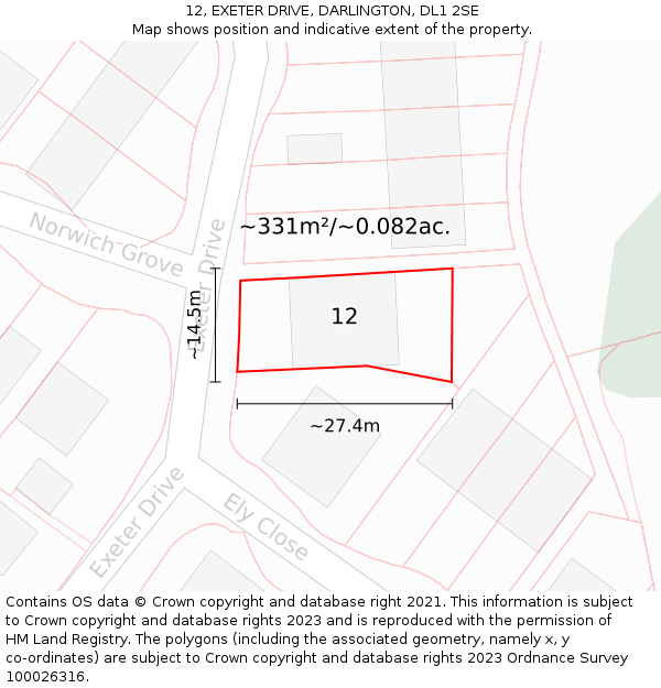 12, EXETER DRIVE, DARLINGTON, DL1 2SE: Plot and title map