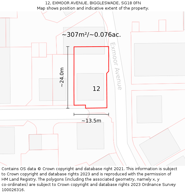 12, EXMOOR AVENUE, BIGGLESWADE, SG18 0FN: Plot and title map