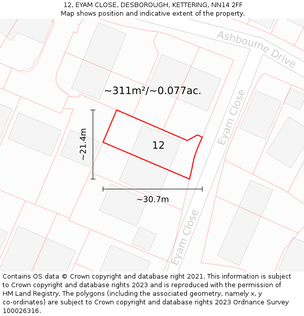 12, EYAM CLOSE, DESBOROUGH, KETTERING, NN14 2FF: Plot and title map