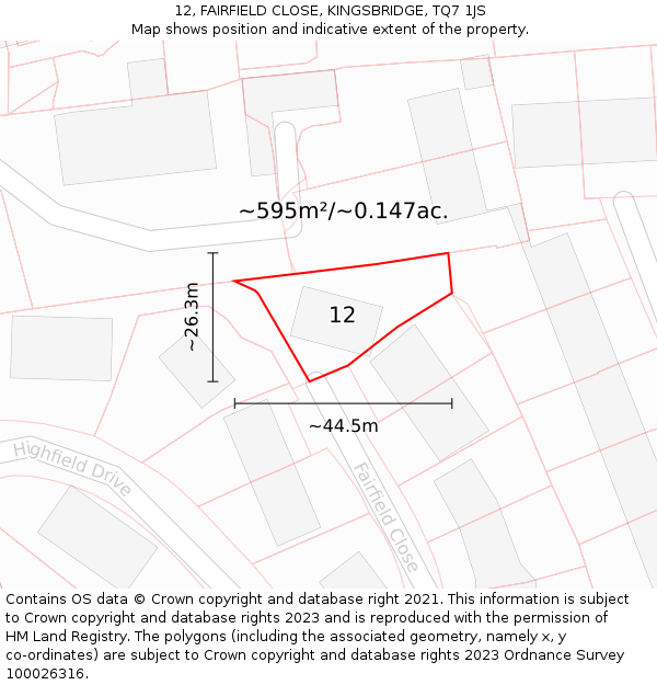 12, FAIRFIELD CLOSE, KINGSBRIDGE, TQ7 1JS: Plot and title map