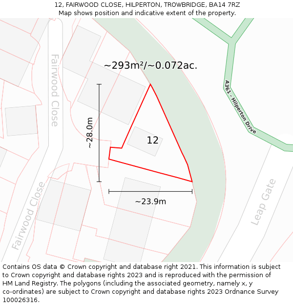 12, FAIRWOOD CLOSE, HILPERTON, TROWBRIDGE, BA14 7RZ: Plot and title map