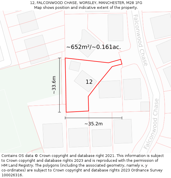 12, FALCONWOOD CHASE, WORSLEY, MANCHESTER, M28 1FG: Plot and title map