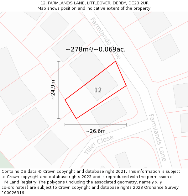 12, FARMLANDS LANE, LITTLEOVER, DERBY, DE23 2UR: Plot and title map