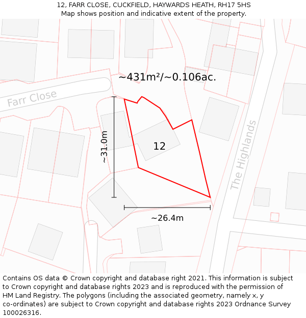 12, FARR CLOSE, CUCKFIELD, HAYWARDS HEATH, RH17 5HS: Plot and title map