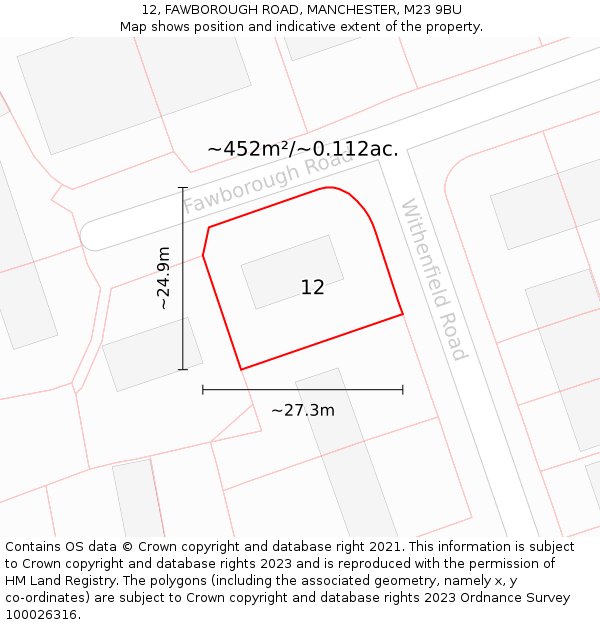 12, FAWBOROUGH ROAD, MANCHESTER, M23 9BU: Plot and title map