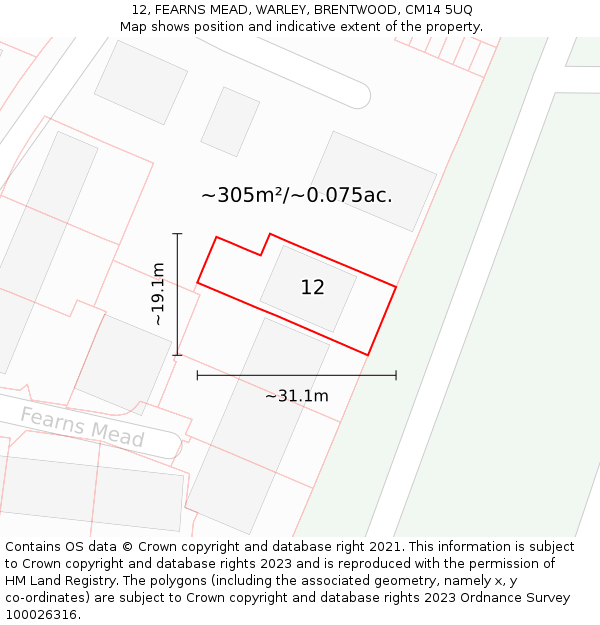 12, FEARNS MEAD, WARLEY, BRENTWOOD, CM14 5UQ: Plot and title map