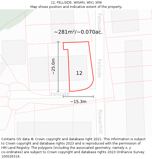 12, FELLSIDE, WIGAN, WN1 3XW: Plot and title map