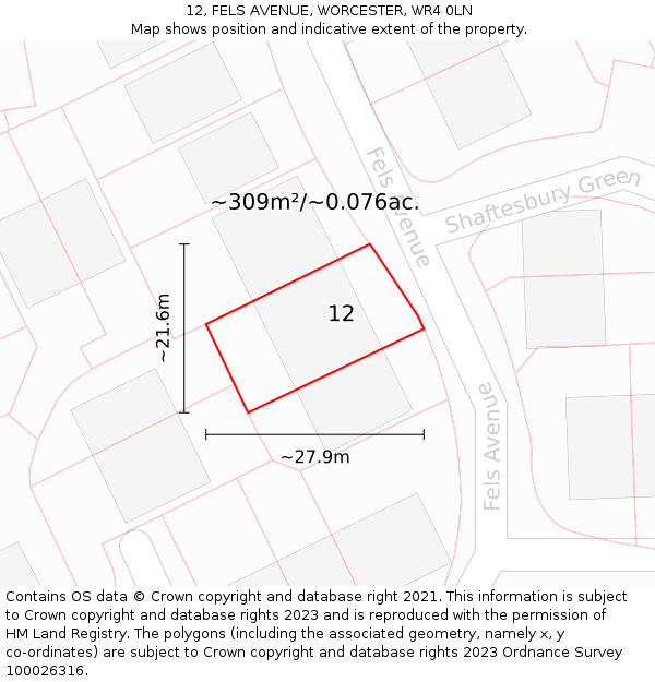 12, FELS AVENUE, WORCESTER, WR4 0LN: Plot and title map