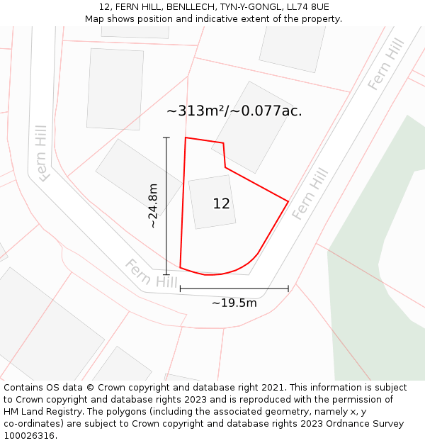 12, FERN HILL, BENLLECH, TYN-Y-GONGL, LL74 8UE: Plot and title map