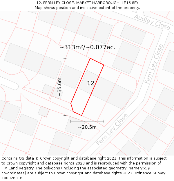 12, FERN LEY CLOSE, MARKET HARBOROUGH, LE16 8FY: Plot and title map