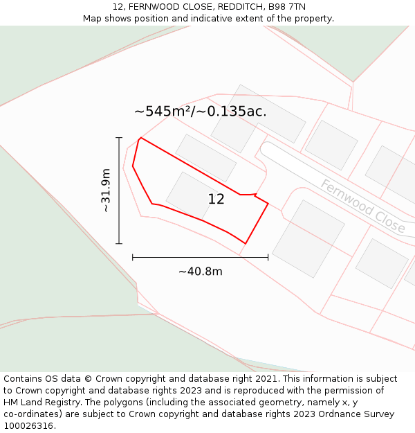 12, FERNWOOD CLOSE, REDDITCH, B98 7TN: Plot and title map