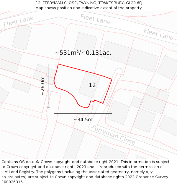 12, FERRYMAN CLOSE, TWYNING, TEWKESBURY, GL20 6FJ: Plot and title map