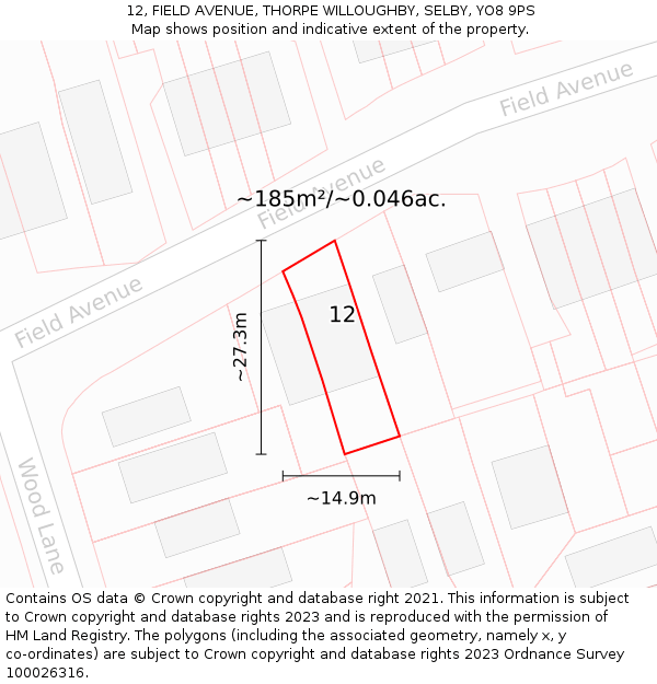 12, FIELD AVENUE, THORPE WILLOUGHBY, SELBY, YO8 9PS: Plot and title map