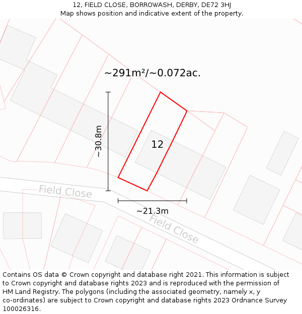 12, FIELD CLOSE, BORROWASH, DERBY, DE72 3HJ: Plot and title map