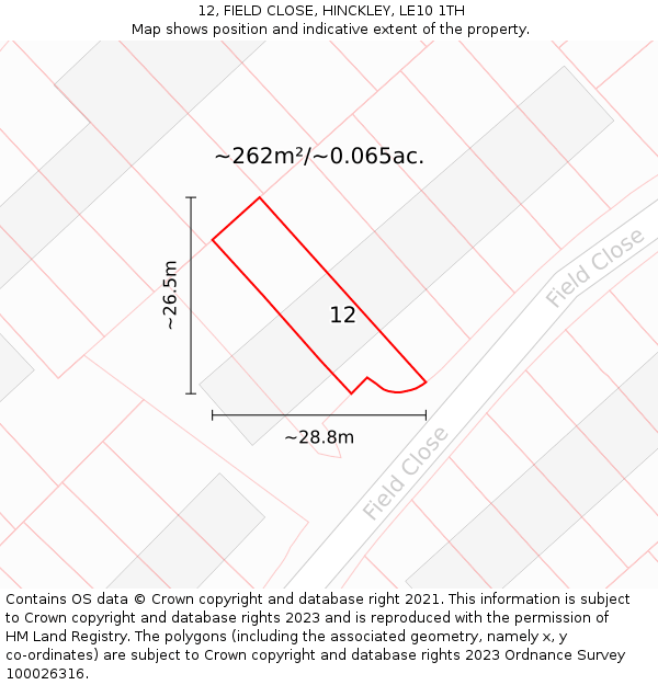 12, FIELD CLOSE, HINCKLEY, LE10 1TH: Plot and title map