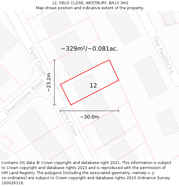 12, FIELD CLOSE, WESTBURY, BA13 3AG: Plot and title map