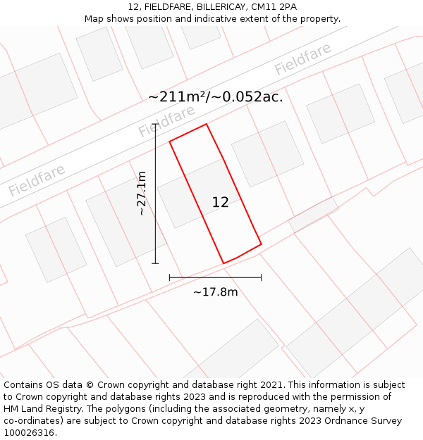 12, FIELDFARE, BILLERICAY, CM11 2PA: Plot and title map