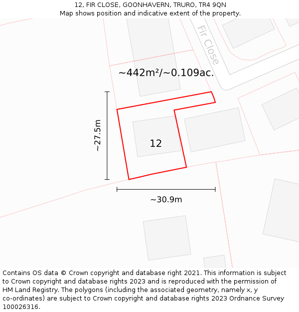 12, FIR CLOSE, GOONHAVERN, TRURO, TR4 9QN: Plot and title map