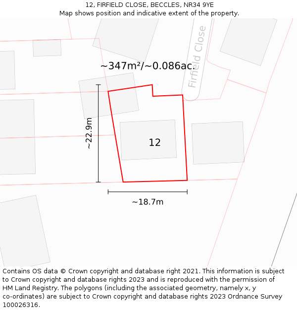 12, FIRFIELD CLOSE, BECCLES, NR34 9YE: Plot and title map