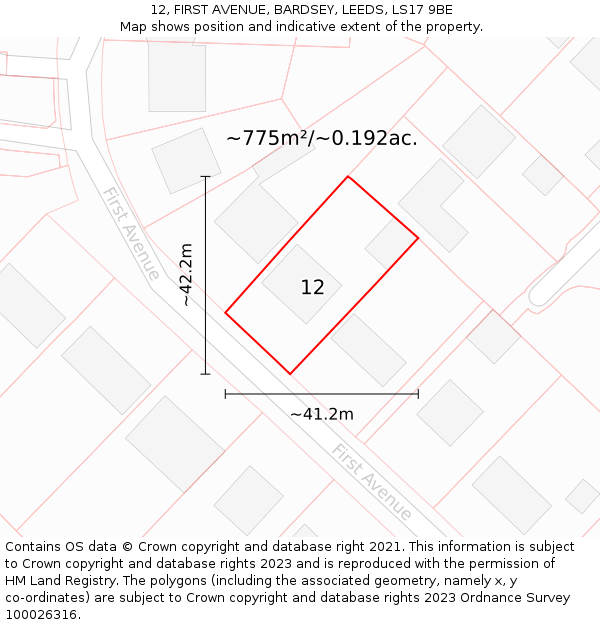 12, FIRST AVENUE, BARDSEY, LEEDS, LS17 9BE: Plot and title map