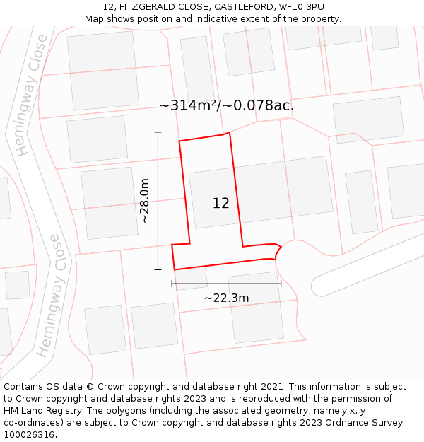 12, FITZGERALD CLOSE, CASTLEFORD, WF10 3PU: Plot and title map