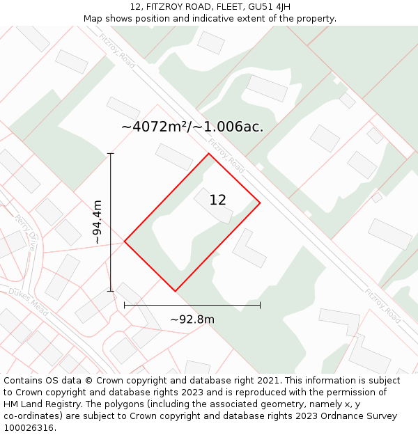 12, FITZROY ROAD, FLEET, GU51 4JH: Plot and title map