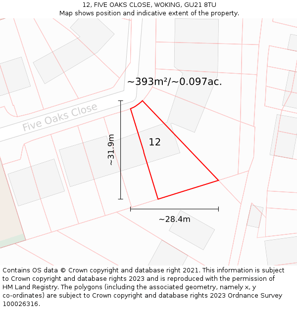 12, FIVE OAKS CLOSE, WOKING, GU21 8TU: Plot and title map