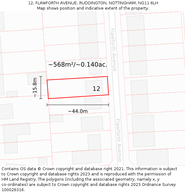 12, FLAWFORTH AVENUE, RUDDINGTON, NOTTINGHAM, NG11 6LH: Plot and title map