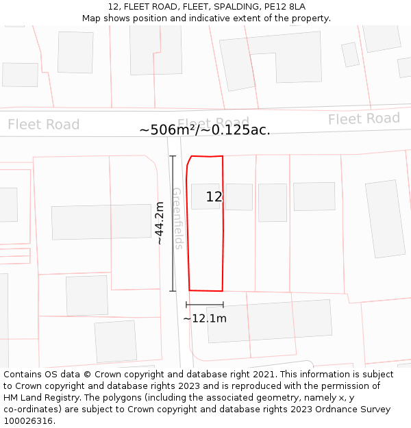 12, FLEET ROAD, FLEET, SPALDING, PE12 8LA: Plot and title map