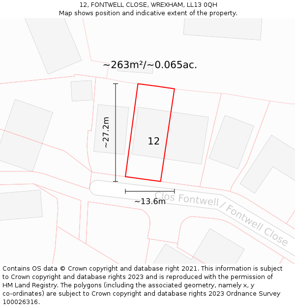 12, FONTWELL CLOSE, WREXHAM, LL13 0QH: Plot and title map