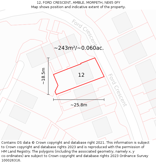 12, FORD CRESCENT, AMBLE, MORPETH, NE65 0FY: Plot and title map