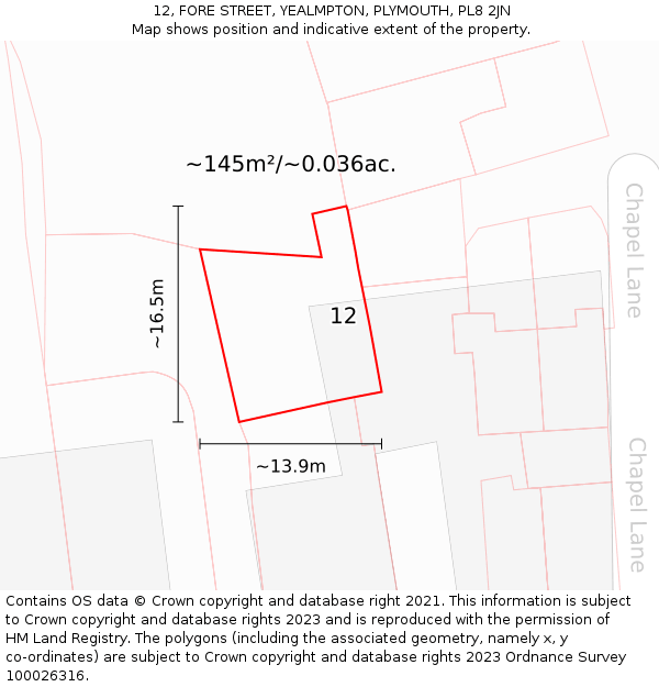 12, FORE STREET, YEALMPTON, PLYMOUTH, PL8 2JN: Plot and title map