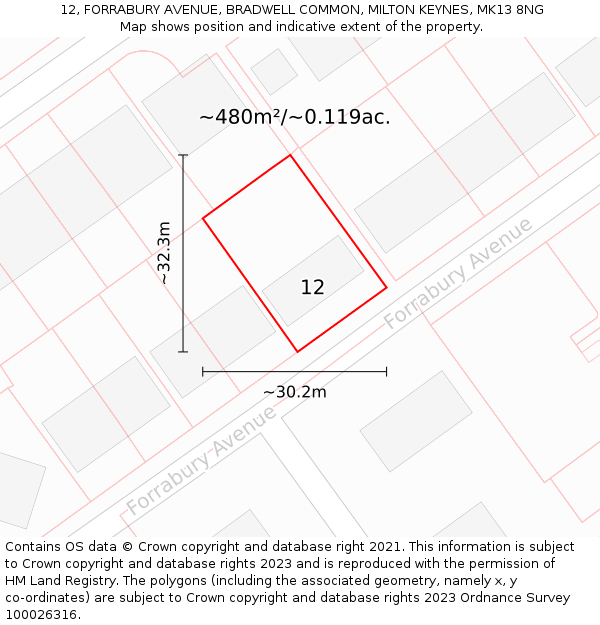 12, FORRABURY AVENUE, BRADWELL COMMON, MILTON KEYNES, MK13 8NG: Plot and title map